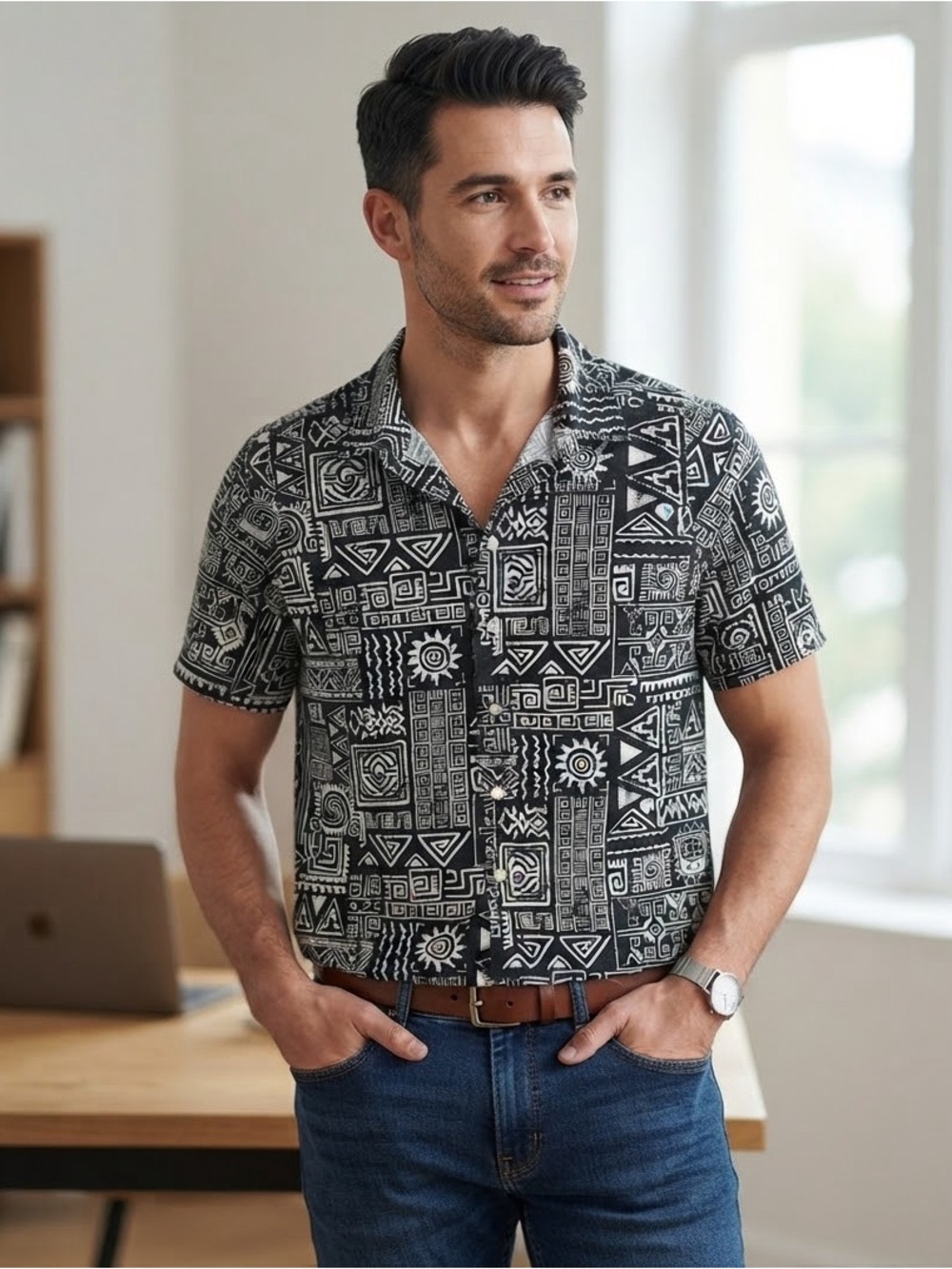 Folk Black & White Geo Print Short-Sleeve Button-Down Shirt